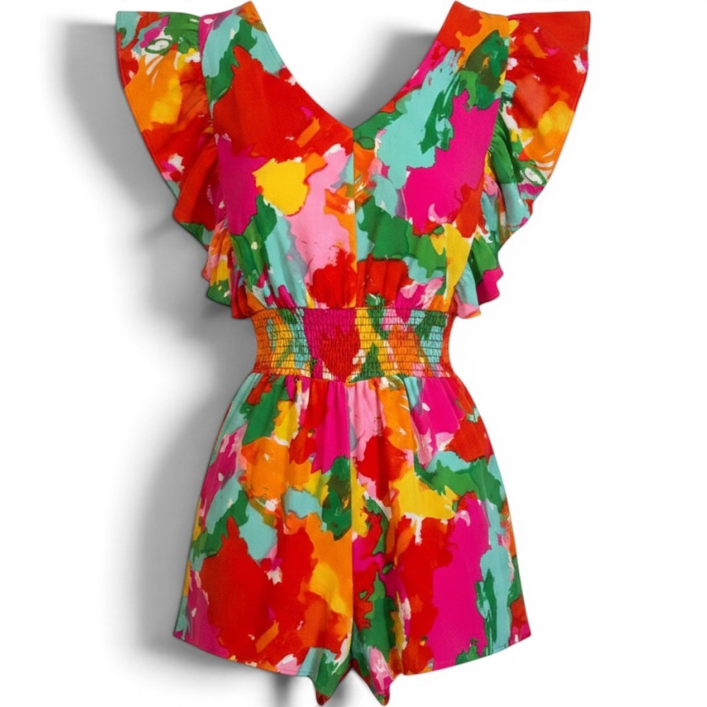 Haptics Summer Romper Retro Abstract Flutter Sleeve Smocked - Small Multicolor